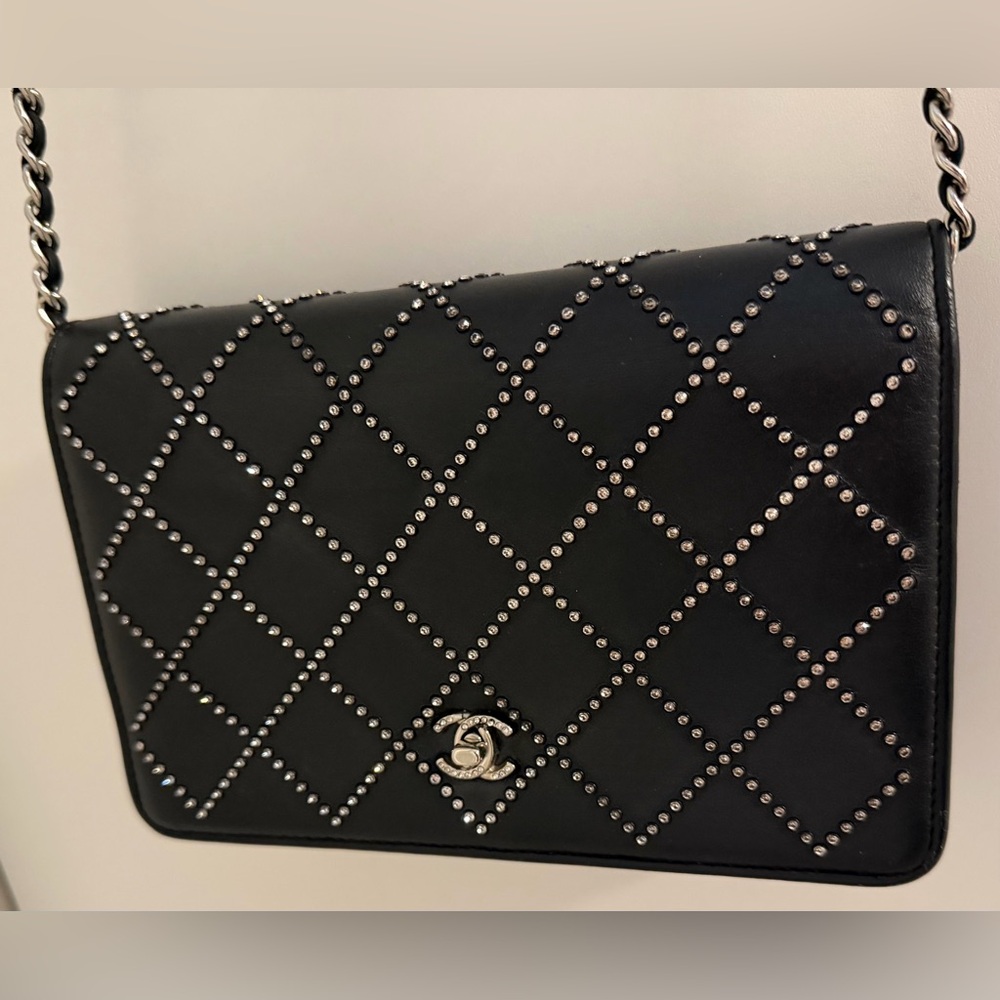 Chanel black Swarovski crystal woc wallet on a chain mini flap classic cc RARE